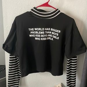 Black and white long sleeve graphic tee